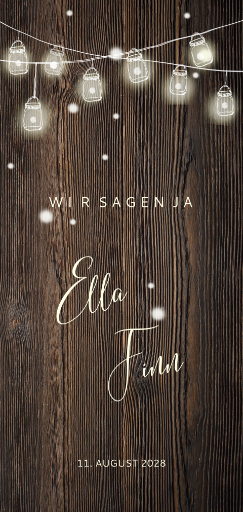 Hochzeitseinladung "Auf Holz" Holzlook Lichterzauber