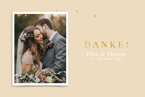 Dankeskarte mit Sternen, Bergen und Goldfolie