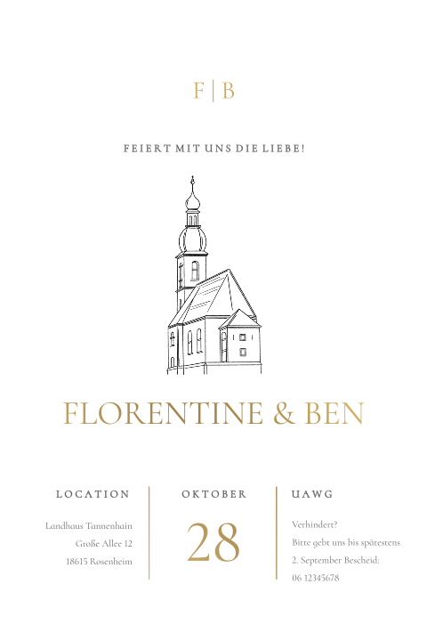 Hochzeitseinladung mit Illustrationen einer Kirche und Mattgoldfolie