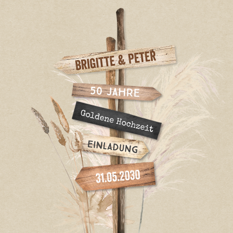Einladung zur Goldenen Hochzeit mit Wegweiser und Gräsern