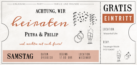 Einladung zur Hochzeit im Ticket Look