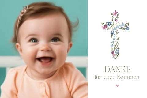 Dankeskarte Taufe mit Kreuz aus Blumen