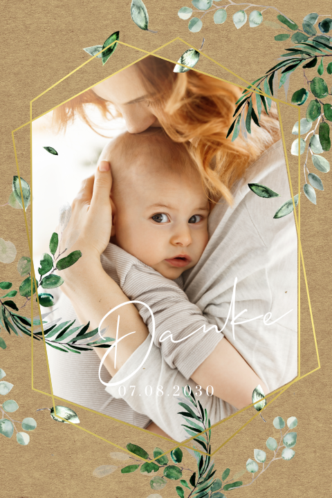 Dankeskarte Geburt im Kraft-Look mit Eukalytpuszweigen und Foto