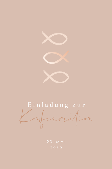 Rosa Einladung zur Konfirmation mit Ichthys-Fisch in Roségoldfolie