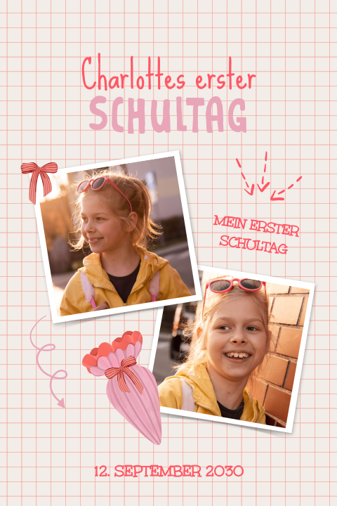 Verspielte Einladung zur Einschulung mit Karo-Hintergrund und Fotos