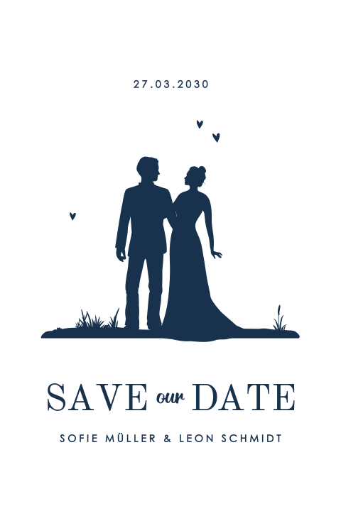 Idyllische Save the date Karte mit Paar und Herzen
