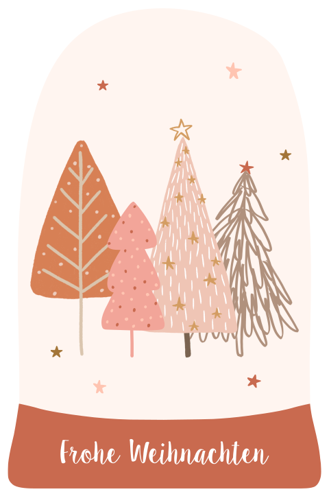 Originelle Weihnachtskarte mit vier Christbäumen in rosa Tönen