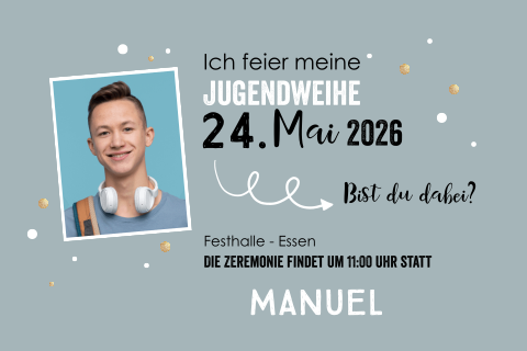 Einladung zur Jugendweihe mit Foto in Blau mit Punkten