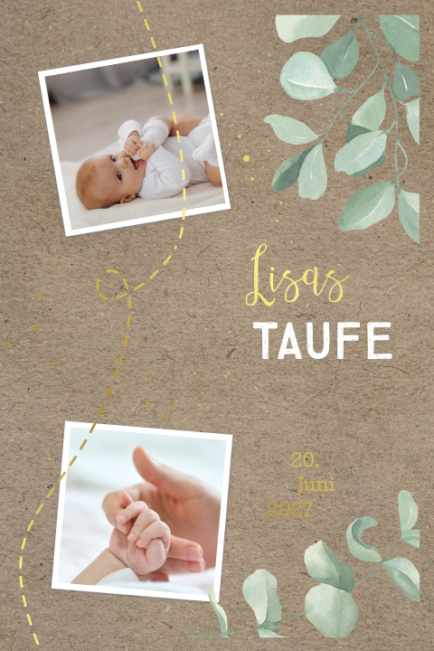 Einladung zur Taufe im Kraft-Look mit Goldfolie und Fotos