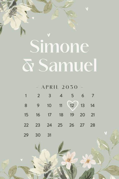 Botanische Hochzeitseinladung in Salbeigrün mit Kalender und Blumen