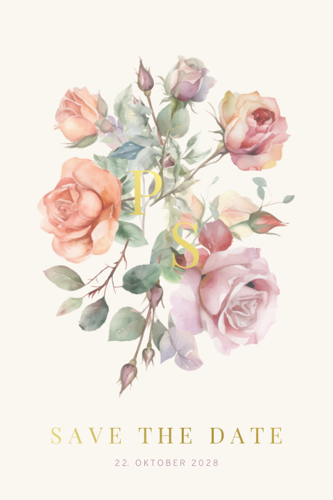 Florale Save the Date Karte zur Hochzeit mit Pastellfarbenen Rosen