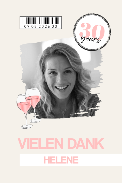 Moderne Dankeskarte zum 30. Geburtstag mit Barcode und Weingläsern