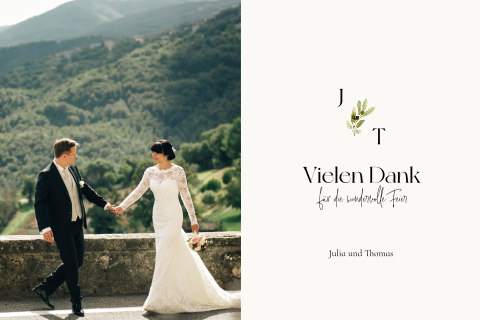 Dankeskarte Hochzeit mit Aquarell-Flair mit Foto und Olivenzweig