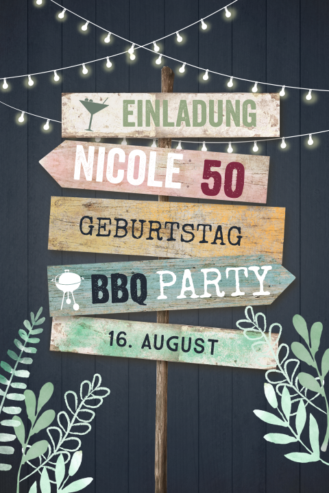 Einladung zum 50. Geburtstag mit Wegweiser und Lichterkette