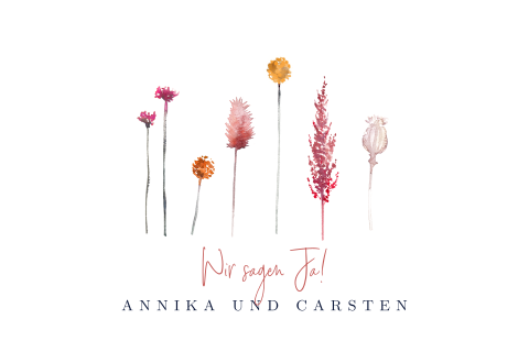 Hochzeitseinladung mit farbkräftigen Blüten und Tagesplan