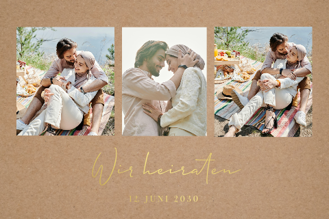 Moderne Hochzeitskarte im Kraft-Look mit drei Fotos und Goldfolie