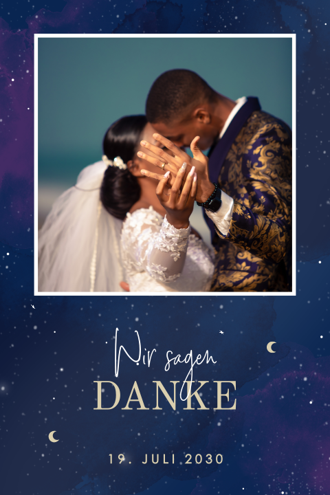 Dankeskarte mit Wasserfarben-Sternenhimmel, Foto und goldenen Monden