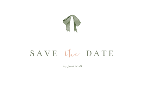Save the Date-Karte mit grüner Schleife und grüner orangener Schrift