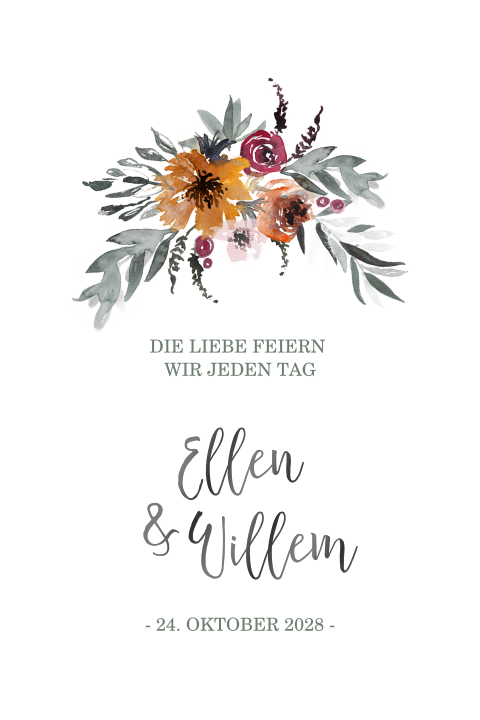 Hochzeitseinladung mit Blumen in Rosa und Orange und Zweigen
