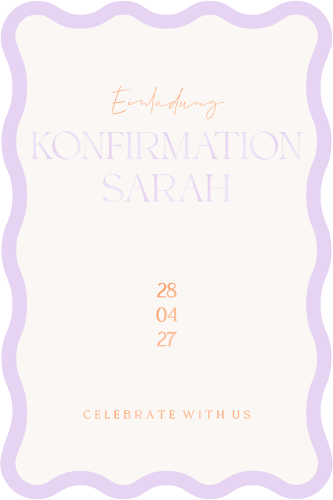 Colorblocking Einladung zur Konfirmation mit violettem, gewellten Rand