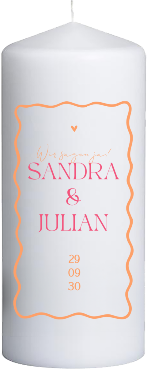 Hochzeitskerze mit Wellendesign, Namen und Datum - 20 cm hoch, 8 cm Ø