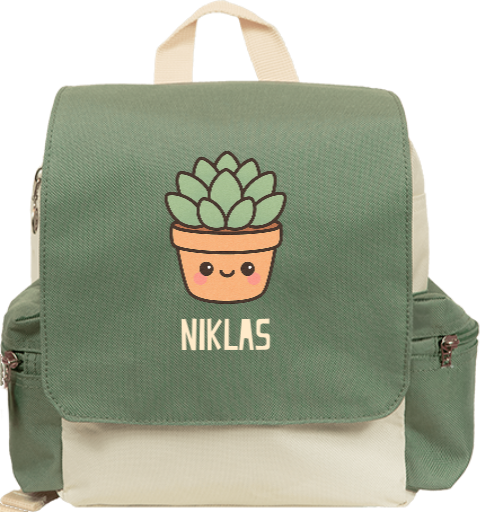 Rucksack Adventure mit Name und süßer Kawaii-Pflanze im Blumentopf