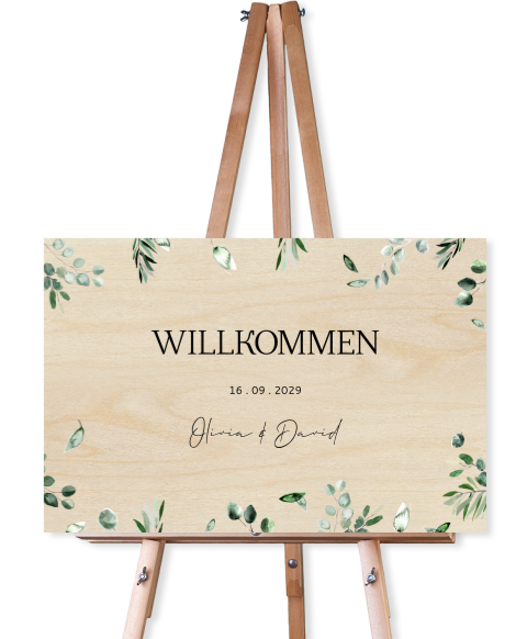 Willkommensschild zur Hochzeit aus Holz mit Eukalyptuszweigen