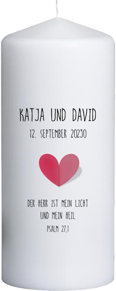 Hochzeitskerze mit rotem Herz und Bibelzitat – 20 cm hoch, 8 cm Ø