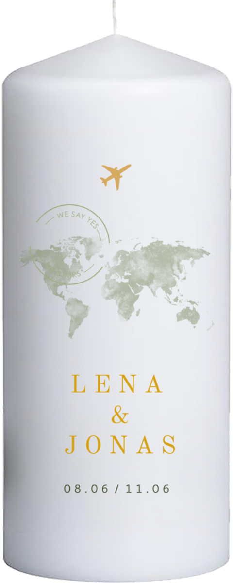 Hochzeitskerze mit Weltkarte, Namen und Datum 20 cm lang, Ø8 cm