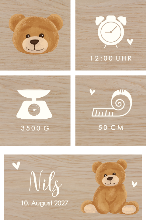 Personalisierte Bauklötze aus Holz mit Namen und Teddybär
