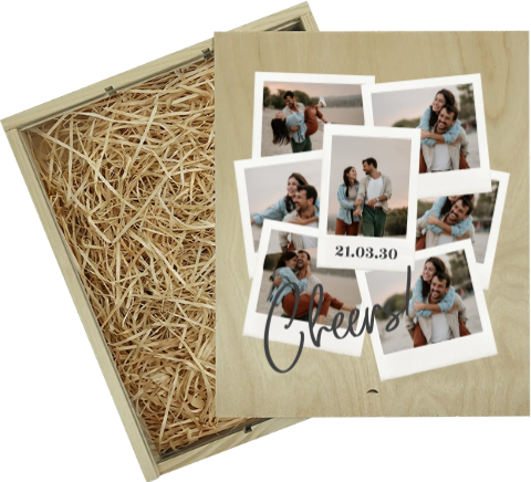 Personalisierte Weinkiste groß mit Fotos im Polaroid-Stil