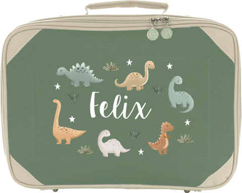 Schlichter Kinderkoffer mit vielen Dinosaurier, Sternen und Namen