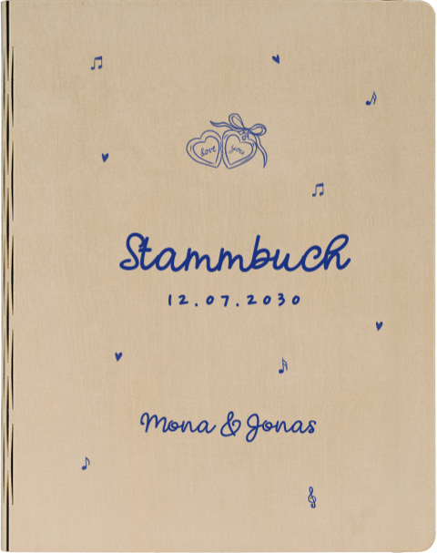 Stammbuch aus Holz zur Hochzeit mit Illustrationen in Blau