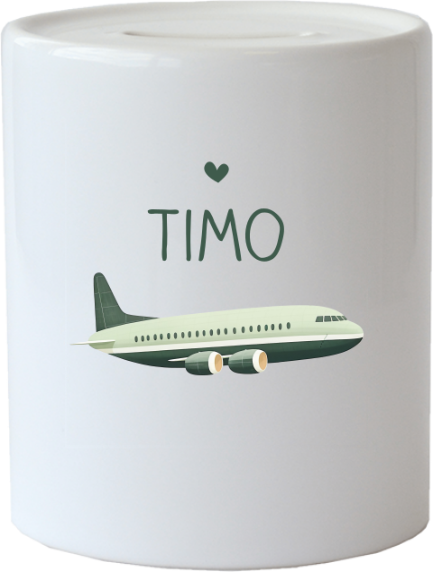 Personalisierbare Spardose mit Namen und Flugzeug Motiv