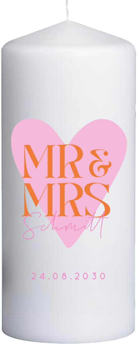 Hochzeitskerze mit Mrs-Mr in Colorblocking - 20 cm hoch, 8 cm Ø