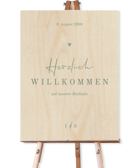 Willkommensschild zur Hochzeit aus Holz in Grün im Herzen
