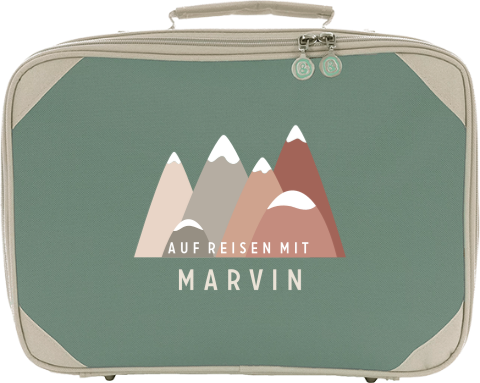 Stilvoller Kinderkoffer mit Namen und schneebedeckten Bergen
