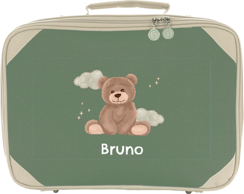 Niedlicher Kinderkoffer mit Namen und sitzender Teddybär und Wolken