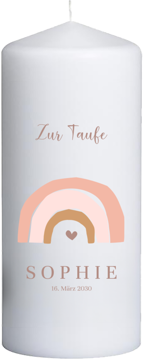 Taufkerze Regenbogen in Beige-Rosé, 20 cm hoch, 8 cm Ø