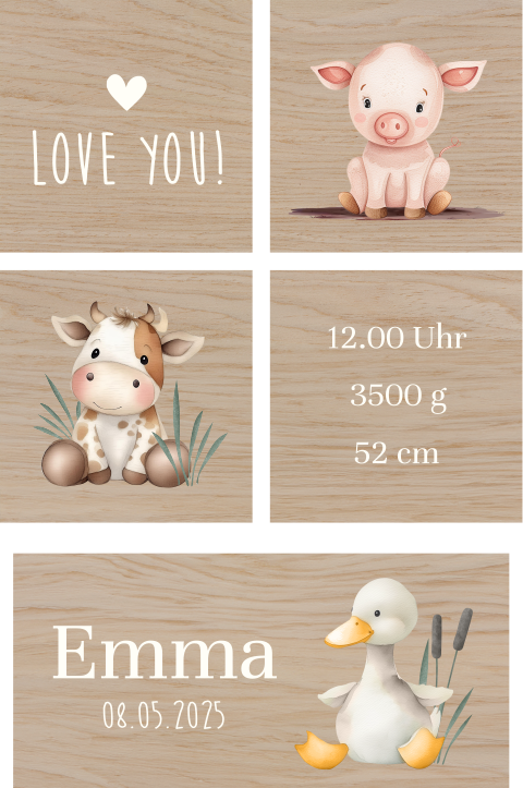 Holzklötze mit Bauernhoftieren und Herzchen