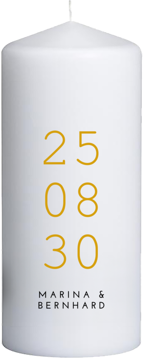 Hochzeitskerze mit großem Datum und Typografie – 20 cm hoch, 8 cm Ø