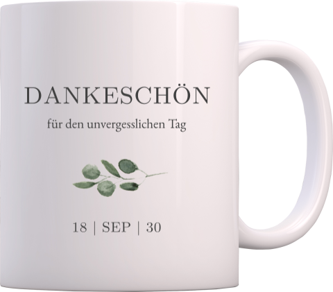 Stilvolle Tasse als Hochzeitsdanksagung mit Eukalyptuszweig