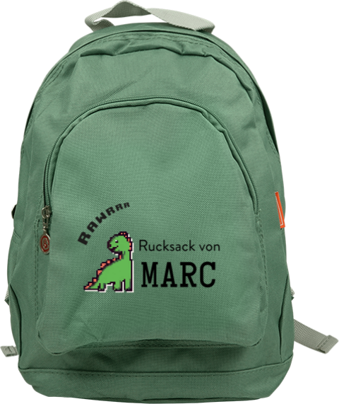 Moderner Schulrucksack mit Pixel-Dinosaurier und Namen