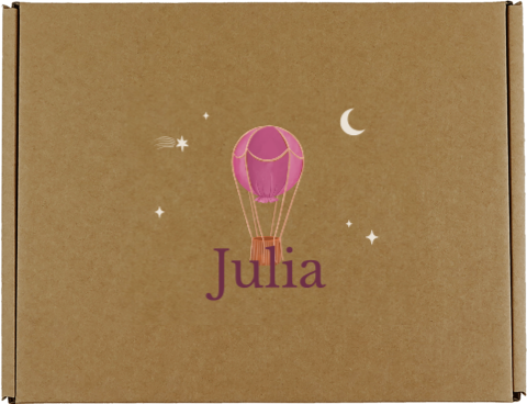 Geschenkbox mit Name, rosa Heißluftballon, Sternen und Mond