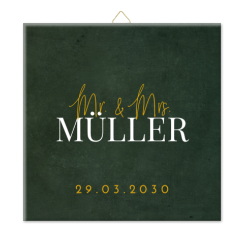 Hochzeitsfliese in Dunkelgrün mit stilvoller Schrift