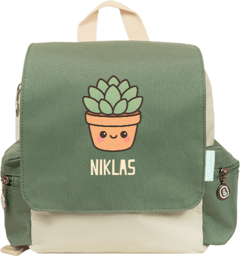 Rucksack Adventure mit Name und süßer Kawaii-Pflanze im Blumentopf