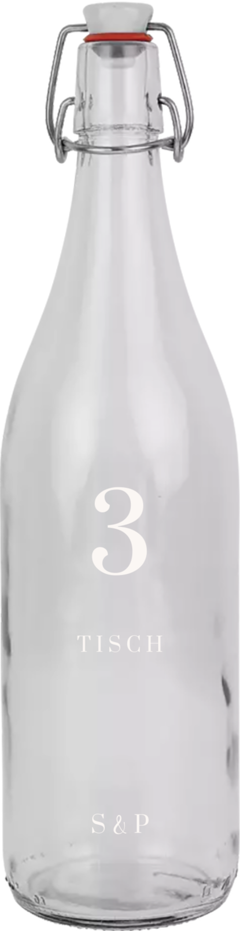 Bügelflasche mit schlichter, weißer Schrift und Ziffer als Tischnummer