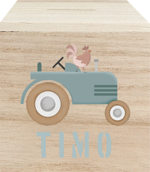 Spardose aus Holz mit Namen und Traktor