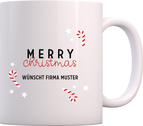 Tasse Merry Christmas mit Zuckerstangen als Firmengeschenk
