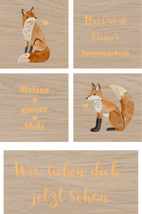 Bauklötze mit Füchsen und Texten von Onkel und Tante